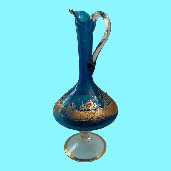 VTG Italian Venetian Murano Aqua Blue Glass Gold Gilt Red Jewels Ewer Decanter - Picture 8 of 16
